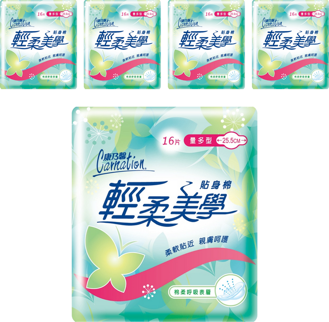 康乃馨 輕柔美學貼身衛生棉, 量多型 25.5cm, 16片, 5包