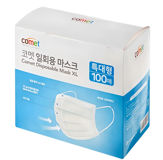 comet 平面式口罩 XL, 100片, 1盒, 白色