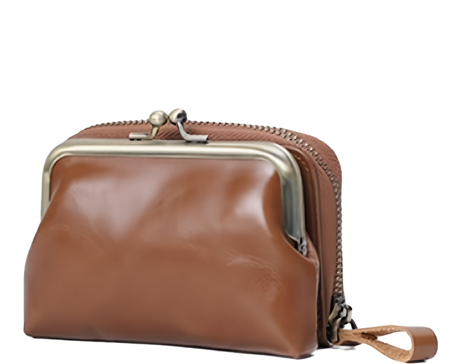 頭層油蠟牛皮2合1口金包卡片零錢包