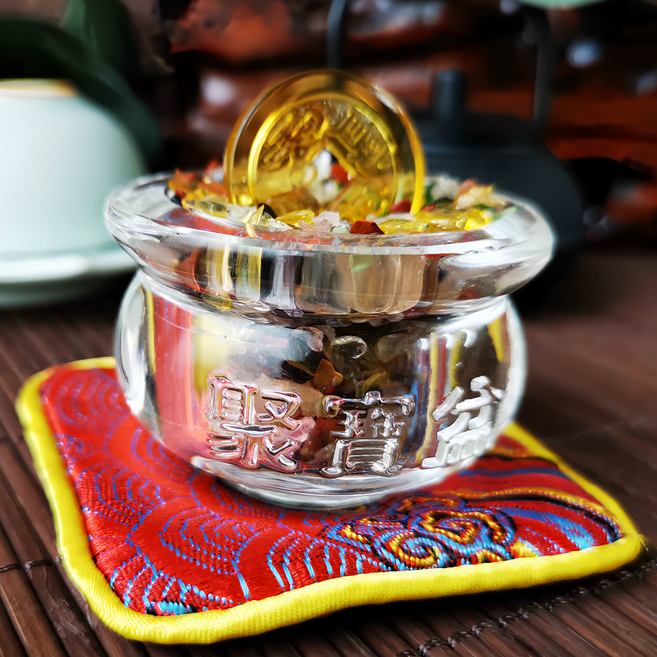 聚財金錢 琉璃水晶聚寶盆擺件, 金, 1個