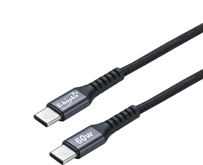 E-books 鋁製 充電傳輸線 Type-C - Type-C 60W XA59 20g, 1m, 黑色, 1條