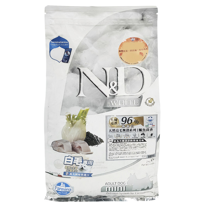 Farmina 法米納 N&D 全齡犬 天然亮毛無穀系列 白毛眼周亮澤乾飼料, 1袋, 2kg, 鱸魚茴香