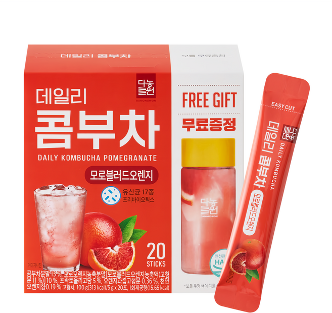 Danongwon 乳酸菌康普茶 + 瓶子 血橙, 20包, 5g, 1盒