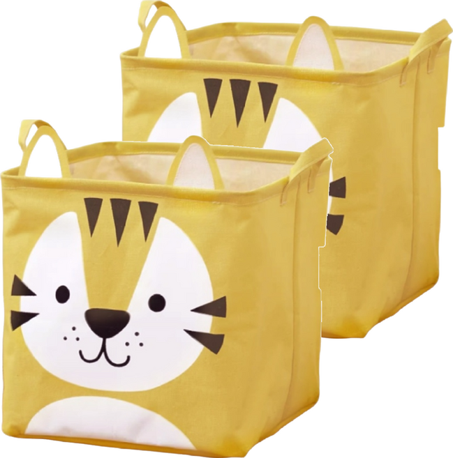 動物造型棉麻收納籃 內層防水塗層 可摺疊收納, 老虎 黃色, 2個