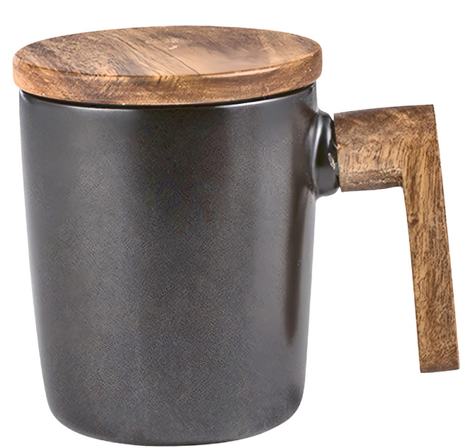 北歐風原木杯蓋陶瓷馬克杯 350ml, 消光黑, 1個