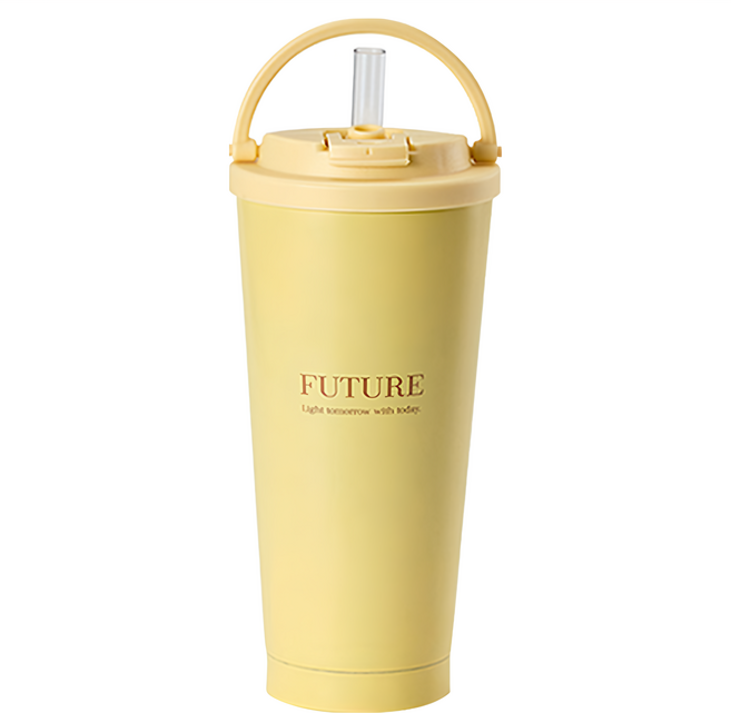 Hiromimi 手提內瓷不鏽鋼吸管杯 C0034, 檸檬黃, 750ml, 1個