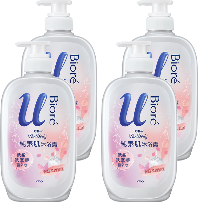 Biore 蜜妮 純素肌沐浴露 玫瑰草與紅茶, 4瓶, 650g