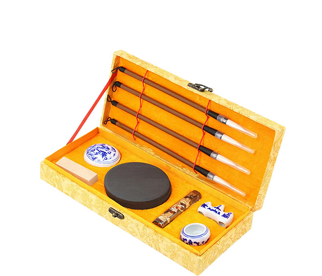 Kozaki 神崎家居 文房四寶錦盒套組 印泥 + 印章 + 硯台 + 墨條 + 筆擱 + 筆洗 + 加健大白雲 4支 + 錦盒, 308 x 138 x 54mm, 1組