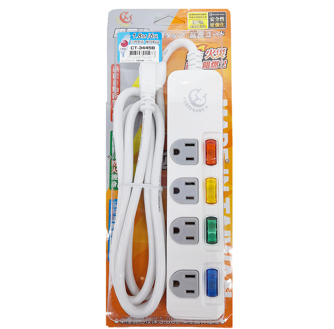 CENTENARY 成電牌 4切4座延長線 3孔, 1.8m, 白色, 1條
