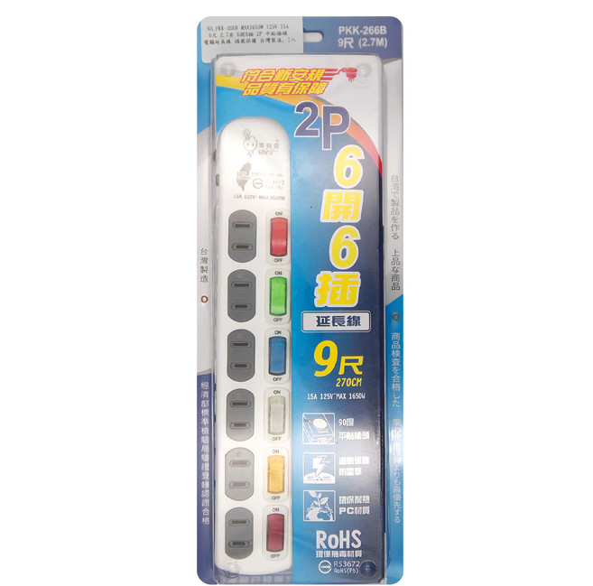 spirit 電精靈 平貼插頭 電腦延長線 過載保護 6開6插 PKK-266B 125V 15A, 270cm, 白色, 1個