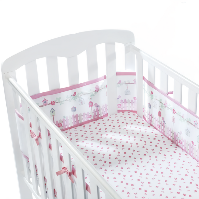 BreathableBaby 透氣嬰兒床圍護墊 兩側型 100% 聚酯纖維 - 兩片裝 148x28公分, 森林花園 粉色 + 白色