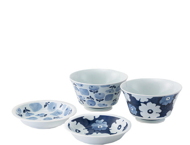 Saikai 西海陶器 波佐見燒 式丼飯碗盤4件組, 藍花紋, 1組, 丼飯碗 + 盤子