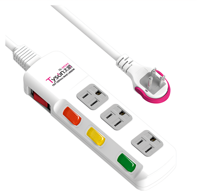 Tyson 太順電業 4開3插防雷擊延長線插座 3孔 TS-343AS, 1.8m, 白色, 1條