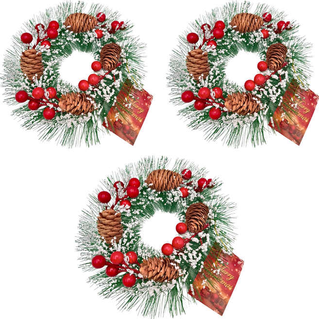 飄雪紅果松針花圈 8吋, 3組