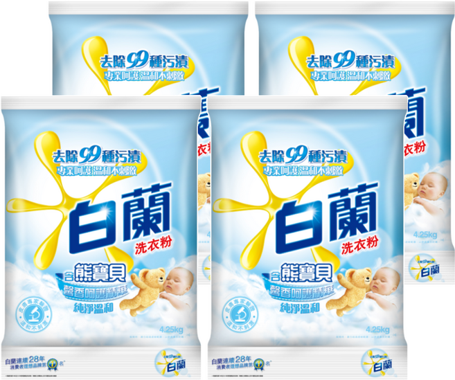 白蘭 含熊寶貝純淨溫和洗衣粉, 4.25kg, 4包