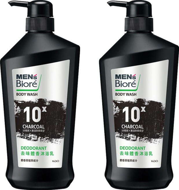 MEN's Biore 10倍炭男性專用去味體香沐浴乳 竹炭控油深層清潔 長時間清爽 麝香植萃沉穩木質香 專為油性肌膚設計, 750g, 2瓶