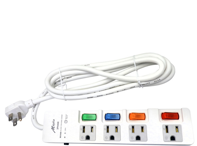 Mayka 明家 4插4開3P電腦延長線 15A, 15m, 白色, 1條