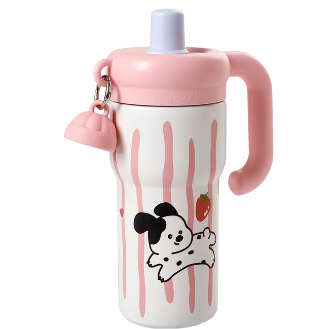 HIKARI 日光生活 冰霸吸管杯, 點點狗 粉色 + 米色, 550ml, 1個