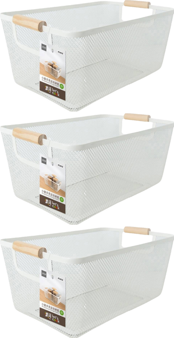 Let's cook 樂司廚品 小鐵多用途收納籃 鐵/手柄/松木, 白色, 3個