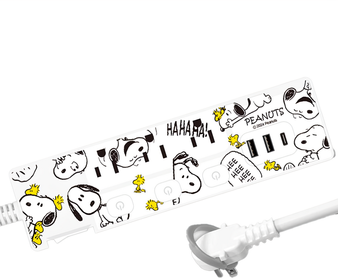 PEANUTS 史努比 PD快充 37W 按壓式4開3插平貼式延長線, 1.8m, 百變生活 白色, 1條