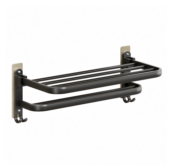 FAmILyLIFE 生活 航太鋁免打孔 50cm摺疊毛浴巾架 免釘膠款, 極簡黑, 1個