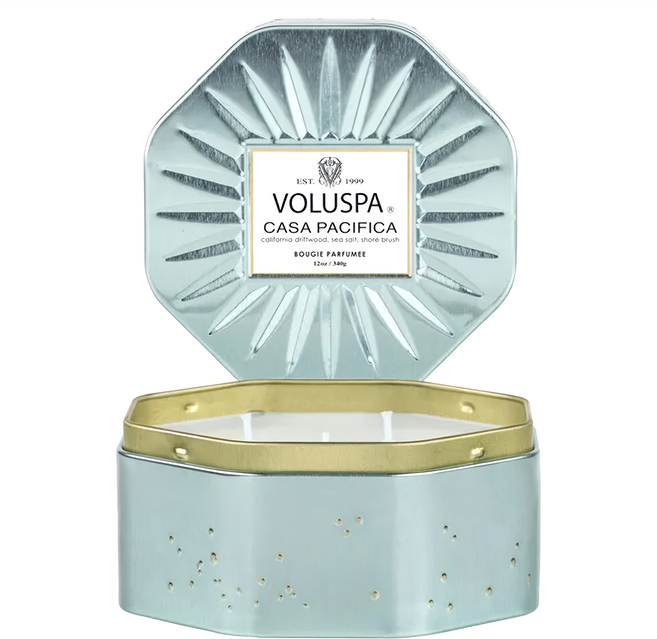 VOLUSPA 悠遊太平洋香氛蠟燭 340g 八角形錫罐 三芯蠟燭 天然椰子蠟, California Driftwood, Sea Salt, Shore Brush, 1罐