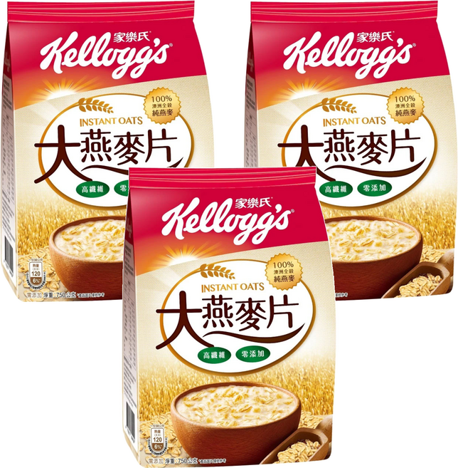 Kellogg's 家樂氏 陽光樂活大燕麥片 高纖維 零添加 100%澳洲全穀純燕麥, 750g, 3包