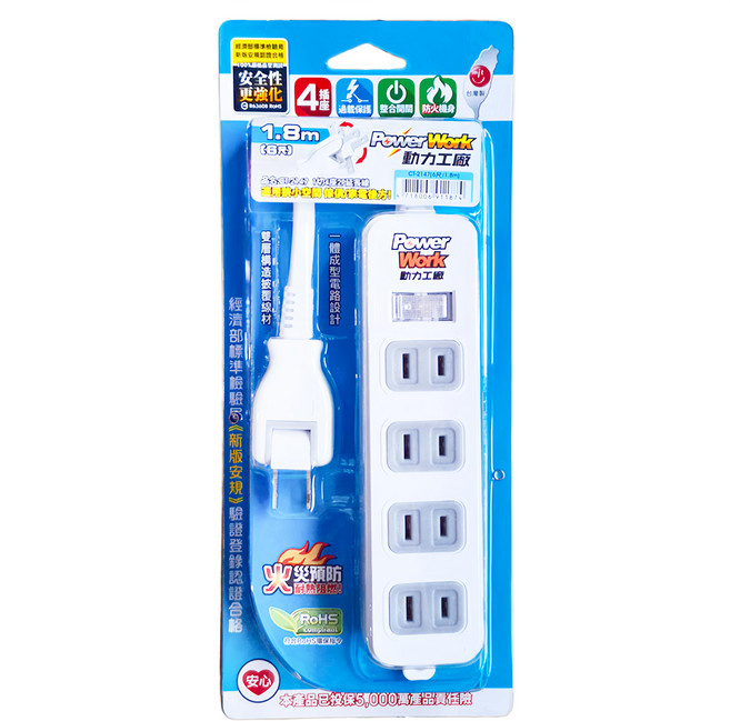 PowerWork 動力工廠 1切4座 15A延長線 2P, 1.8m, 白色, 1條