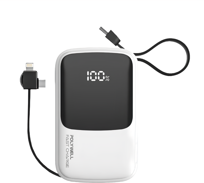 POLYWELL 寶利威爾 行動電源10000mAh 內建充電線 數位顯示 多接口輸出, PW15-T16-A005, 白色