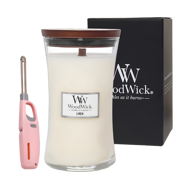 WoodWick 大型套組 香氛蠟燭 Set 609.5g 附蠟燭點火槍, Linen, 1組
