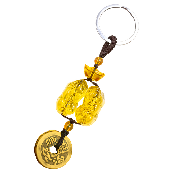 雙貔貅元寶 招財五帝錢鑰匙圈 黃琉璃, 金色, 1個