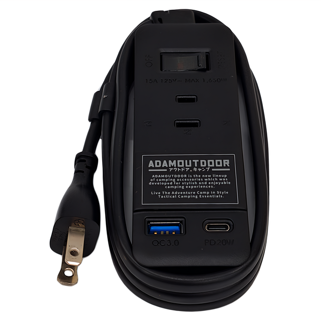 ADAMOUTDOOR 3座擴充QC/PD延長線 1.1M USB充電 戶外潮流風格 工業風結構設計, 黑色, 1個