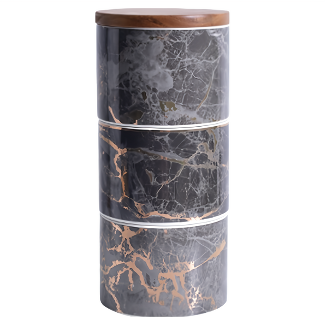 Homely Zakka 北歐ins風輕奢大理石紋金邊三層帶蓋陶瓷密封罐 黑色 2190g, 1個