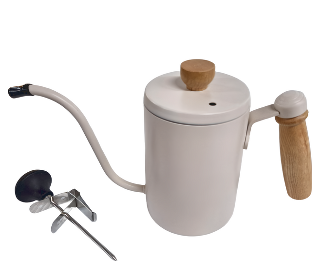 卡特屋 木手柄手沖壺 0.7mm細口 白色 600ml 含溫度計, 手沖咖啡壺, 1組