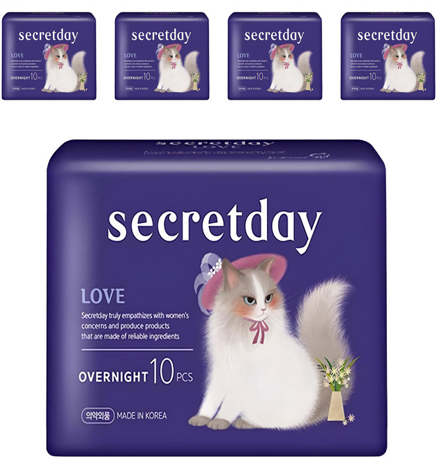 secretday 韓國原裝進口 Love系列 蝶翼衛生棉, 夜用型(36cm), 10片, 5包