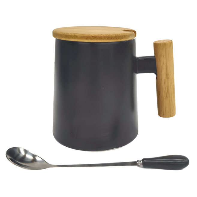 LifeHouse 木柄陶瓷馬克杯 情侶杯 禮盒款 黑色, 1個