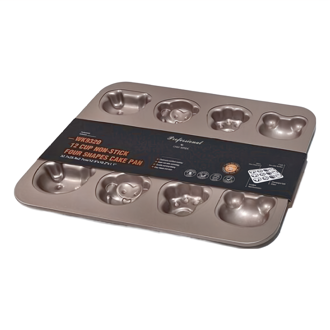 CHEFMADE 學廚 金色12連不黏童趣4型蛋糕模 32.7 x 25.8 x 2.7cm, WK9320, 1個