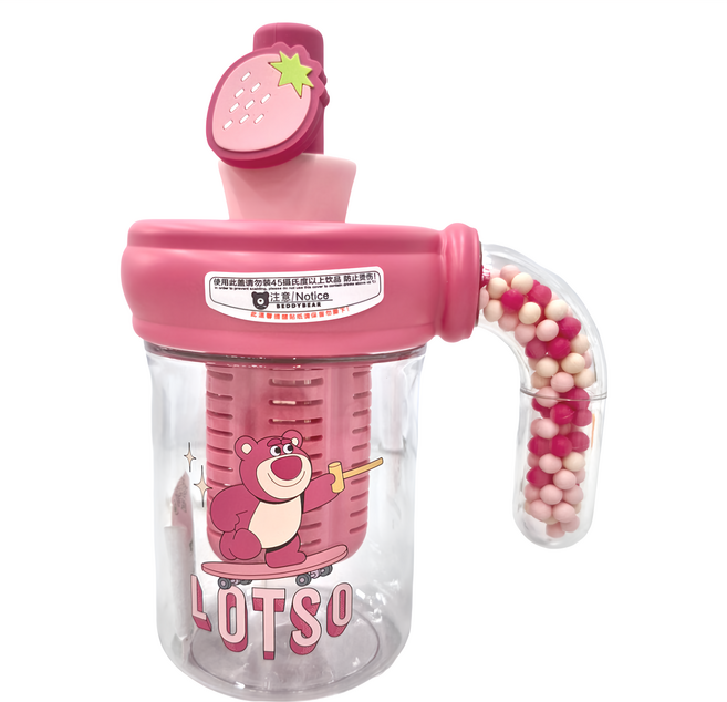 BEDDYBEAR 杯具熊 海洋球塑膠咖啡杯 高度抗摔 Leak Proof 環保Tritan材質 加厚把手 易握不累手, 滑翔草莓熊 粉色 + 透明色, 500ml, 1個