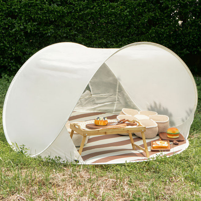 沐慕家居 快拋摺疊條紋小帳篷 帆布材質 尺寸150*150*110cm, 米色, 4人