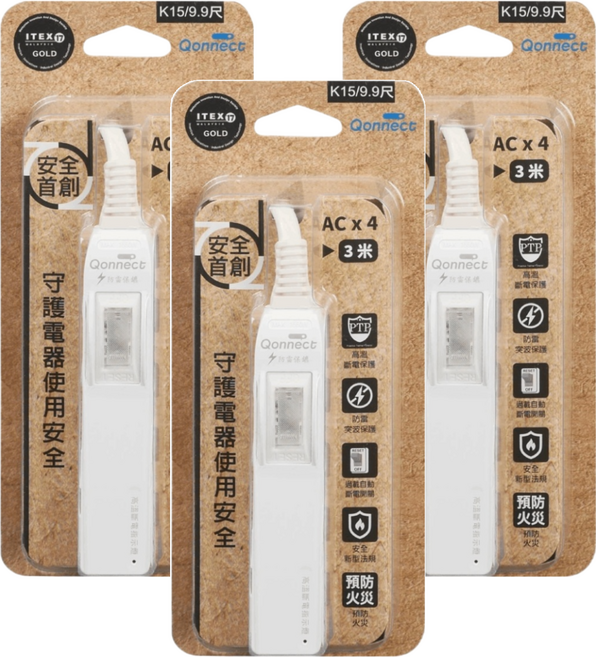 Qonnect 1開4插2P高溫斷電延長線, 1m, 白色, 3條
