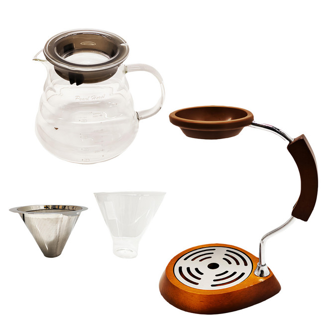 Pearl Horse 寶馬 樂浪滴漏式 手沖咖啡組 耐熱玻璃 #304不鏽鋼 松木 台灣製造, 玻璃壺 + 304不鏽鋼濾網 + 松木底座 + 鐵線鍍鉻支架, 600ml, 1組