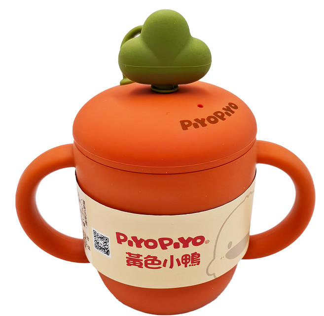 PiYOPiYO 黃色小鴨 鉑金矽膠 嬰兒零食吸管兩用蘿蔔杯 尺寸:12.5X12X7(cm), 橘色, 1個