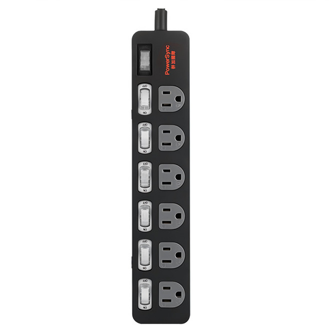 PowerSync 群加 7開6插防雷擊抗搖擺延長用電源線組 3孔 TPS376TN0018, 1.8m, 黑色, 1個