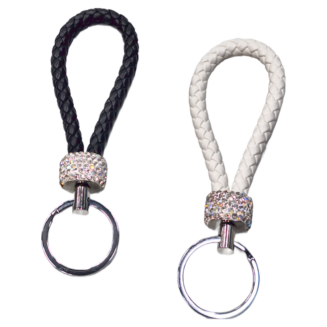 時尚皮革編織鑲鑽鑰匙圈 2個, 白色/黑色, 1組