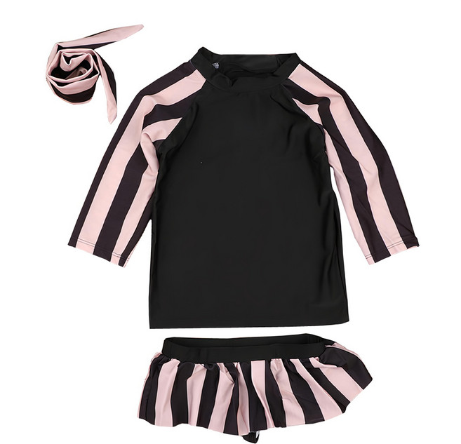 愛北鼻 女童長袖分體泳衣 長袖上衣 + 泳褲 + 髮帶