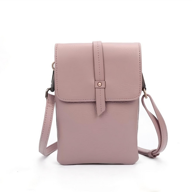 真皮頭層牛皮女士雙層肩揹手機包/小包, 豆粉色