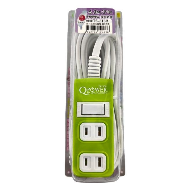 Tyson 太順電業 QPOWER 太超值 2孔1開3插 延長線插座 TS-213B, 6.3m, 萊姆色, 1條