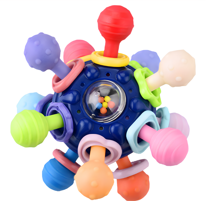 OhBabyLaugh 多型態啃咬點設計 發展寶寶手部精細動作, 造型原子手抓球 + 收納盒, 深藍色, 1個