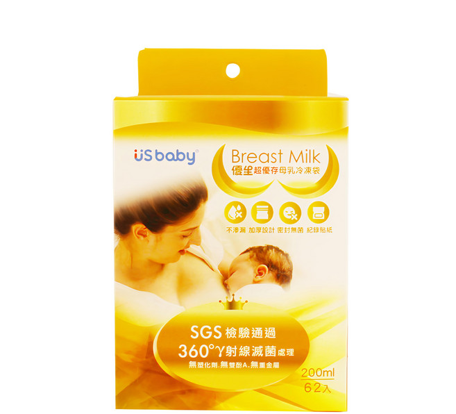 US baby 優生 超優存母乳冷凍袋 200ml 62入 γ射線滅菌處理 夾鏈袋, 1盒