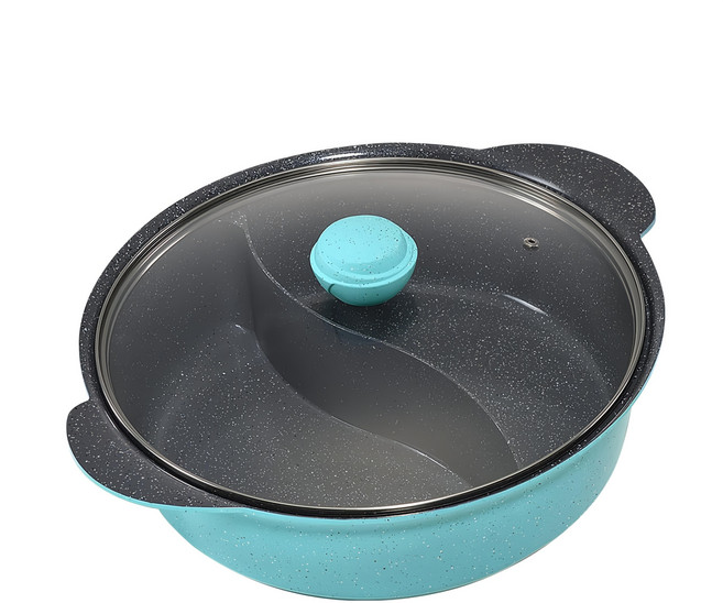 SHCJ 生活采家 電磁爐適用 鑄造不沾鴛鴦鍋 41.3 x 35.6 x 16.5cm 2.77kg, 32cm, 1個, 藍色